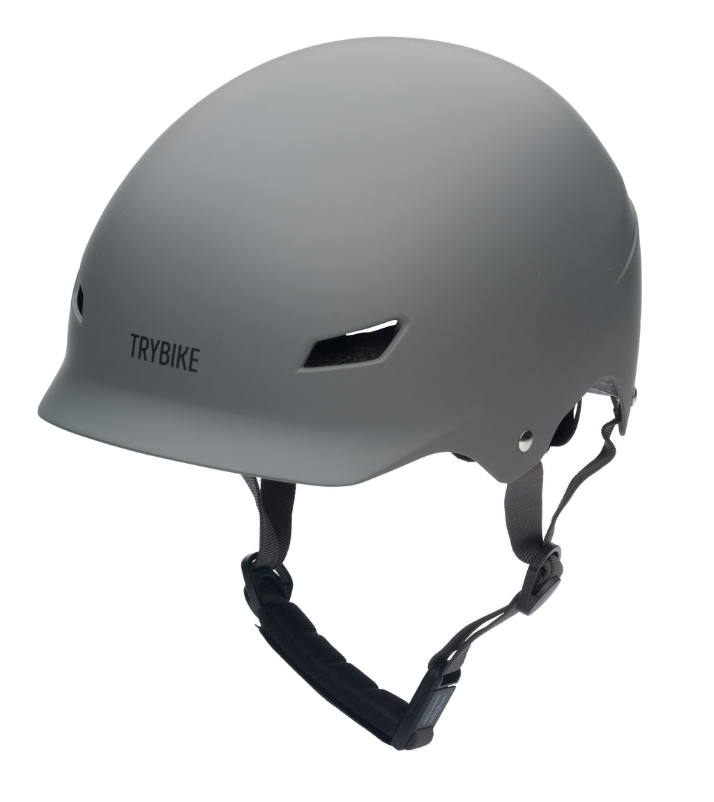 Gray helmet with TRYBIKE branding on a white background